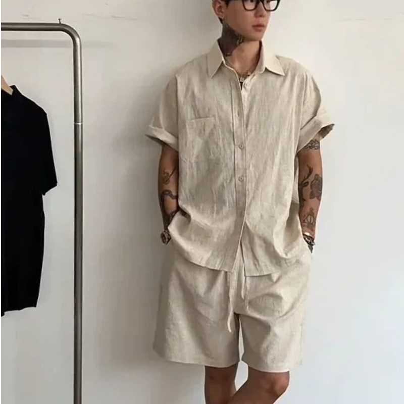 Mens Linen Cotton 2 Piece Set  - Linen Shirt Breathable 评论和价格